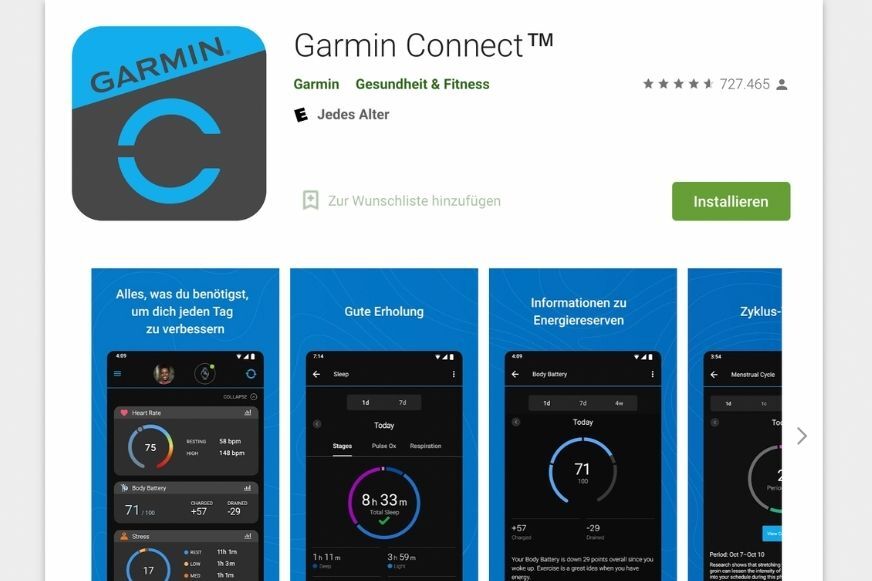 Man sieht die Garmin Connect App im Google Playstore. 